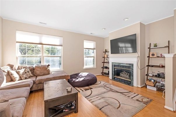 Fireplace, Interior, Living room, Recessed Lighting, Wood Texture Flooring