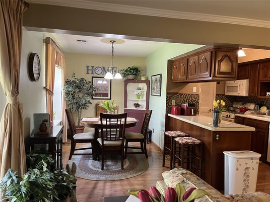 Dining room, Interior, Kitchen, Pendant Lights, Wood Texture Flooring