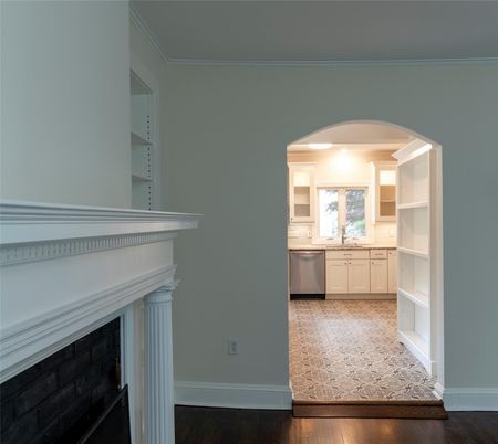 Fireplace, Interior, Kitchen, Stainless Steel Appliances, Wood Texture Flooring