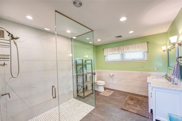 Bathroom, Glass Shower, Interior, Marble Walls, Recessed Lighting