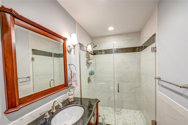 Bathroom, Glass Shower, Interior, Marble Walls, Recessed Lighting