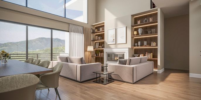 Dining room, Fireplace, Interior, Living room, Wood Texture Flooring