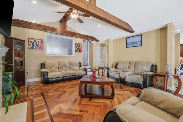 Interior, Living room, Recessed Lighting, Wooden Beams, Wood Texture Flooring