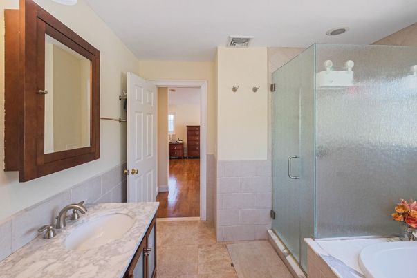 Bathroom, Glass Shower, Interior, Wood Texture Flooring