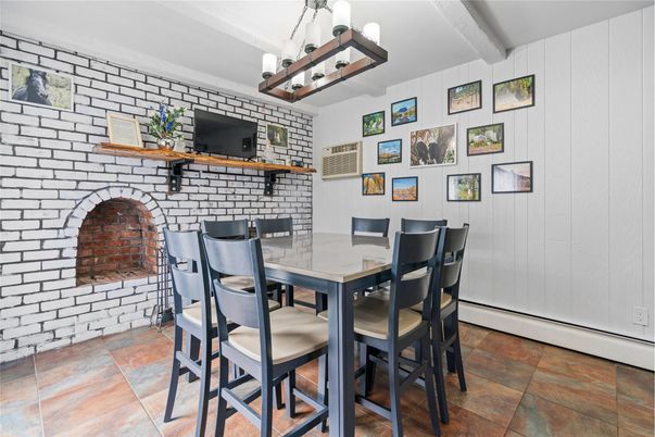 Chandelier, Dining room, Interior, Pendant Lights, Stone Walls