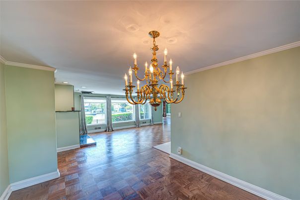 Chandelier, Empty room, Interior, Recessed Lighting, Wood Texture Flooring