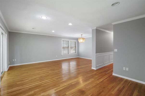 Chandelier, Empty room, Interior, Recessed Lighting, Wood Texture Flooring