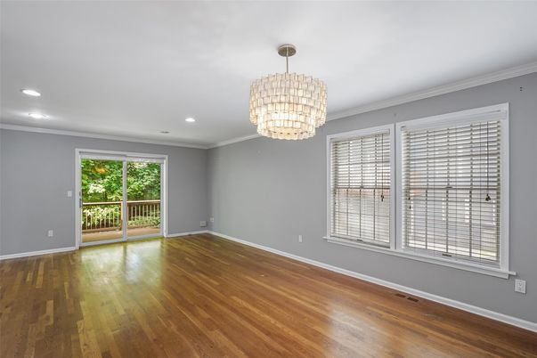 Chandelier, Empty room, Interior, Recessed Lighting, Wood Texture Flooring
