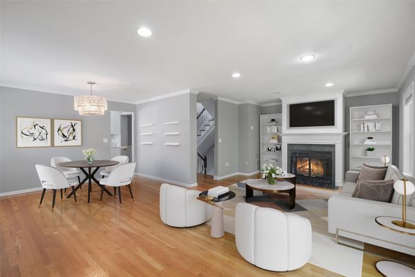 Chandelier, Dining room, Fireplace, Interior, Living room, Recessed Lighting, Wood Texture Flooring