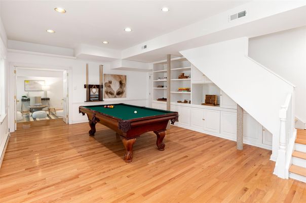 Billiard Table, Game Room, Interior, Recessed Lighting, Wood Texture Flooring