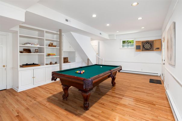 Billiard Table, Game Room, Interior, Recessed Lighting, Wood Texture Flooring