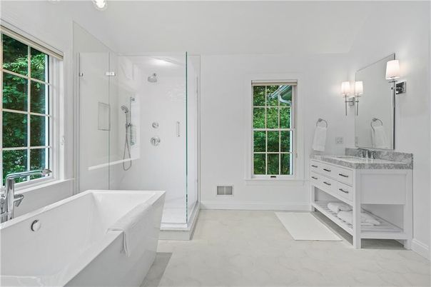Bathroom, Dual Sink Vanities, Glass Shower, Interior, Marble