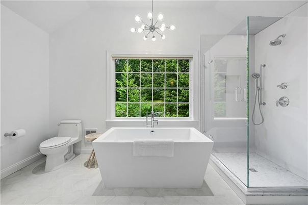 Bathroom, Free Standing Baths, Glass Shower, Interior, Marble, Pendant Lights