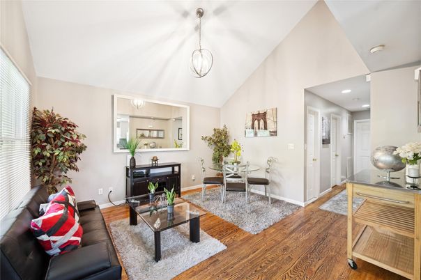 Dining room, Interior, Living room, Pendant Lights, Recessed Lighting, Wood Texture Flooring