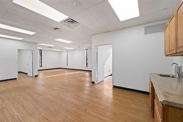 Empty room, Interior, Kitchen, Recessed Lighting, Wood Texture Flooring