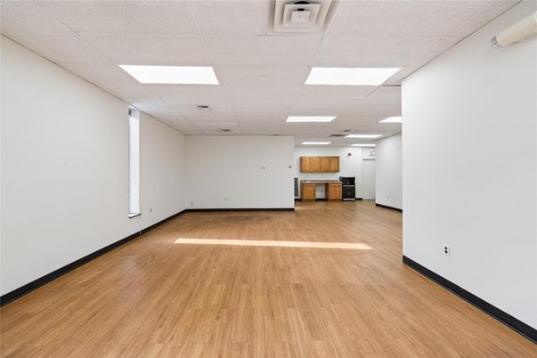 Empty room, Interior, Kitchen, Recessed Lighting, Wood Texture Flooring