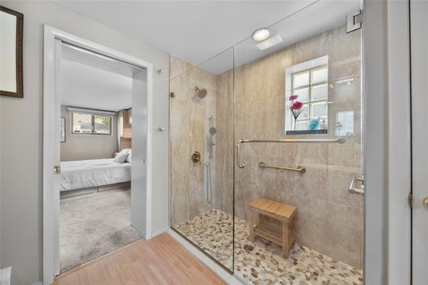 Bathroom, Bedroom, Glass Shower, Interior, Wood Texture Flooring