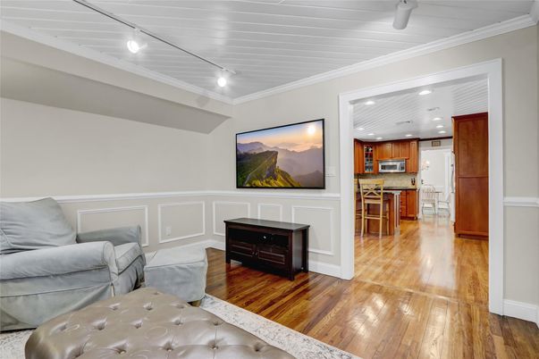 Interior, Kitchen, Living room, Recessed Lighting, Stainless Steel Appliances, Wood Texture Flooring