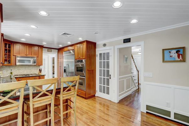 Interior, Kitchen, Recessed Lighting, Stainless Steel Appliances, Wood Texture Flooring