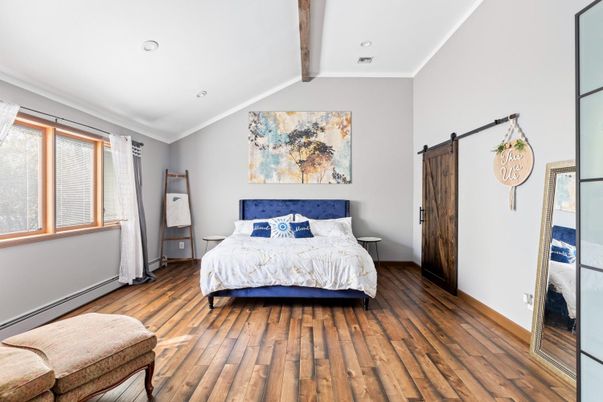 Bedroom, Interior, Recessed Lighting, Wooden Beams, Wood Texture Flooring