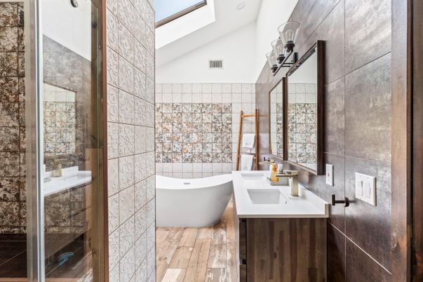 Bathroom, Dual Sink Vanities, Free Standing Baths, Glass Shower, Interior, Wood Texture Flooring