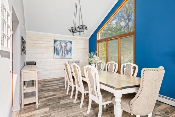 Dining room, Interior, Pendant Lights, Wood Texture Flooring