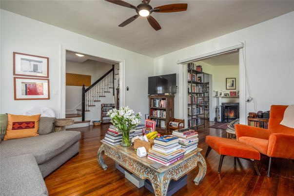 Fireplace, Interior, Living room, Recessed Lighting, Wood Texture Flooring