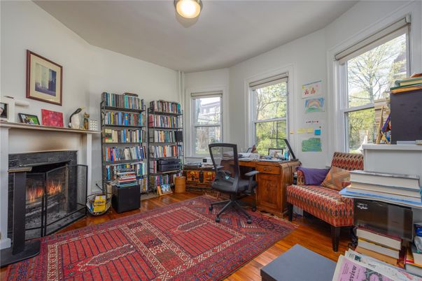 Fireplace, Home Office, Interior, Wood Texture Flooring