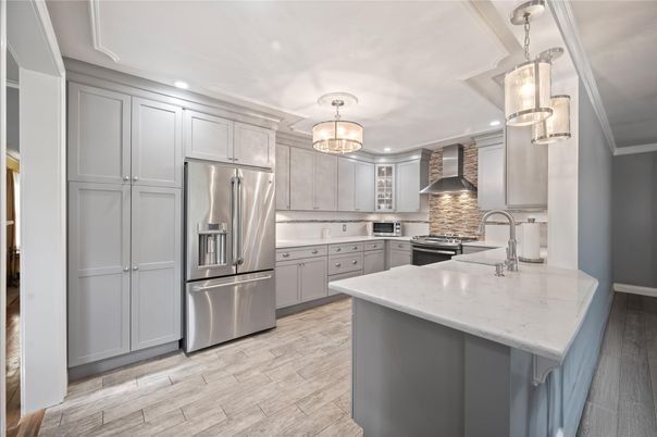 Interior, Kitchen, Pendant Lights, Recessed Lighting, Stainless Steel Appliances, Wood Texture Flooring
