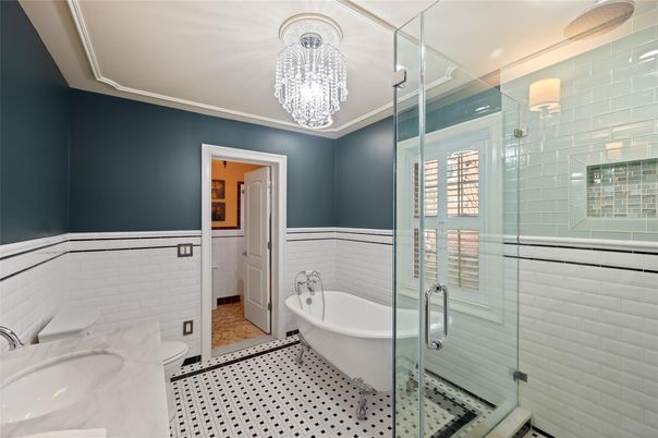Bathroom, Chandelier, Free Standing Baths, Glass Shower, Interior
