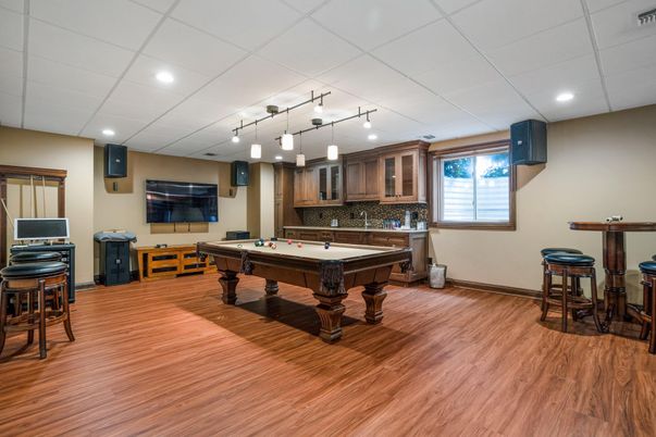 Billiard Table, Game Room, Interior, Kitchen, Pendant Lights, Recessed Lighting, Wood Texture Flooring