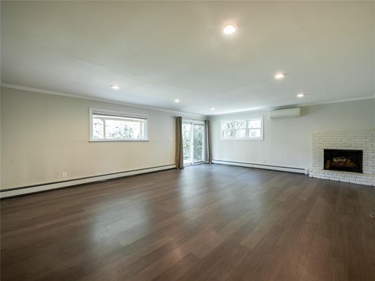 Empty room, Fireplace, Interior, Recessed Lighting, Wood Texture Flooring
