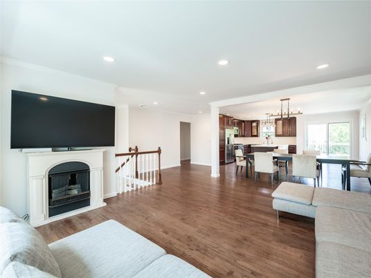 Dining room, Fireplace, Interior, Kitchen, Living room, Pendant Lights, Recessed Lighting, Wood Texture Flooring