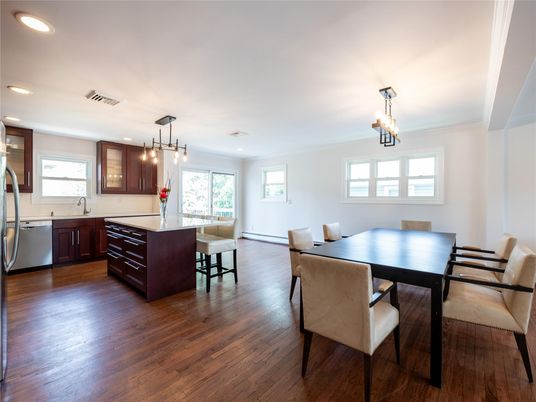 Dining room, Interior, Kitchen, Pendant Lights, Recessed Lighting, Wood Texture Flooring