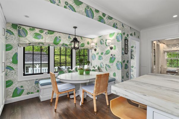 Dining room, Interior, Pendant Lights, Recessed Lighting, Wood Texture Flooring