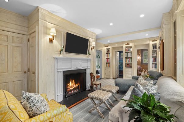 Fireplace, Interior, Living room, Recessed Lighting, Wooden Walls