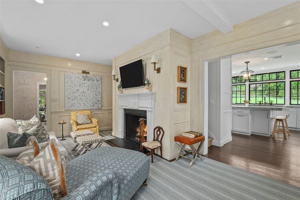 Fireplace, Interior, Living room, Pendant Lights, Recessed Lighting, Wood Texture Flooring