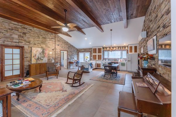 Chandelier, Dining room, Interior, Kitchen, Pendant Lights, Recessed Lighting, Stone Walls, Wooden Beams, Wooden Ceilings