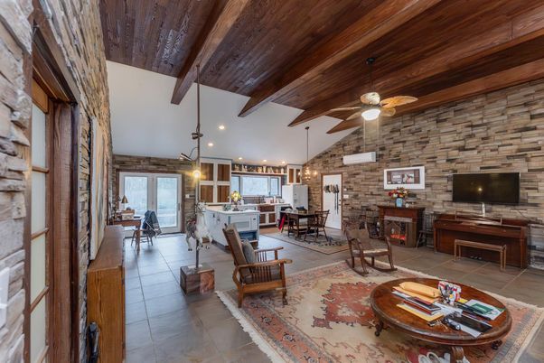 Dining room, Fireplace, Interior, Kitchen, Living room, Pendant Lights, Recessed Lighting, Stone Walls, Wooden Beams, Wooden Ceilings