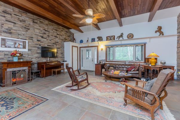 Fireplace, Interior, Living room, Piano, Stone Walls, Wooden Beams, Wooden Ceilings