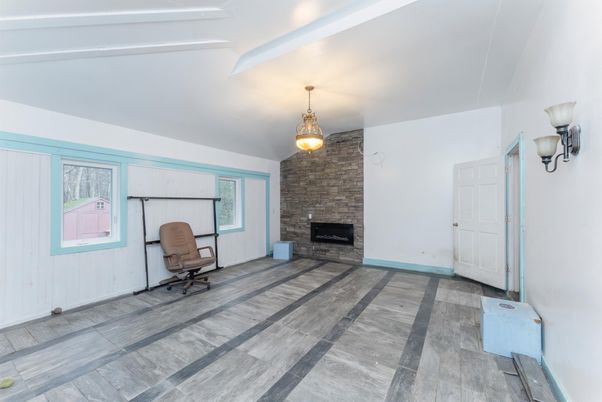 Empty room, Fireplace, Interior, Pendant Lights, Stone Walls