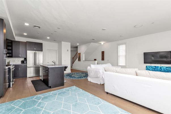 Interior, Kitchen, Living room, Recessed Lighting, Stainless Steel Appliances, Wood Texture Flooring