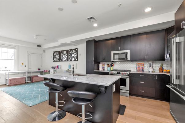 Interior, Kitchen, Recessed Lighting, Stainless Steel Appliances, Wood Texture Flooring