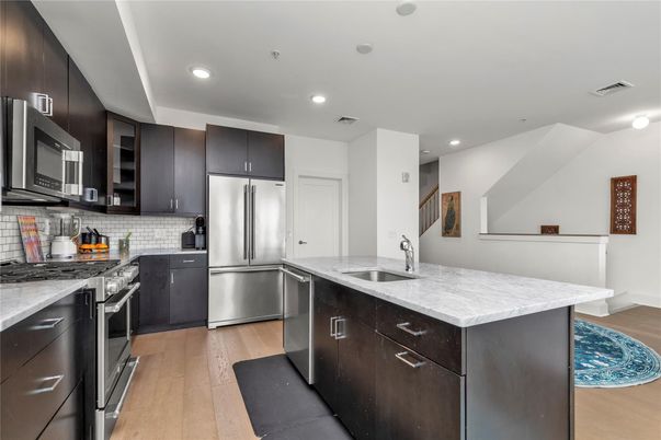 Interior, Kitchen, Recessed Lighting, Stainless Steel Appliances, Wood Texture Flooring