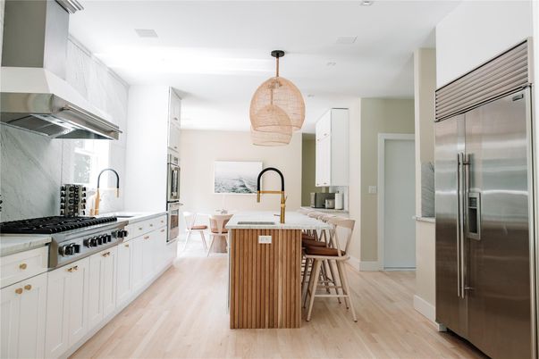 Interior, Kitchen, Pendant Lights, Recessed Lighting, Stainless Steel Appliances, Wood Texture Flooring