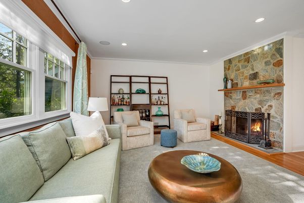 Fireplace, Interior, Living room, Recessed Lighting, Stone Walls
