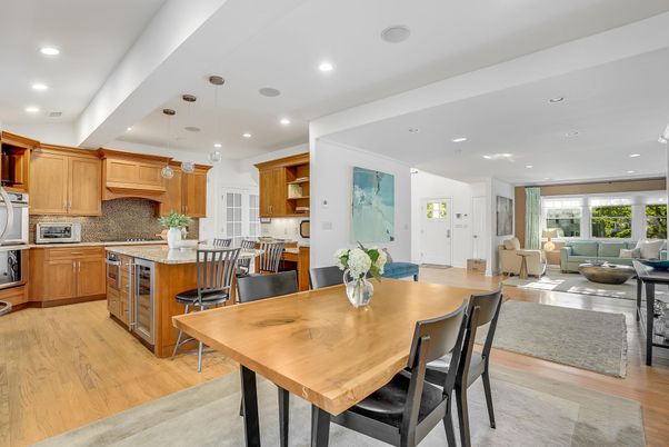 Dining room, Interior, Kitchen, Living room, Pendant Lights, Recessed Lighting, Stainless Steel Appliances, Wood Texture Flooring