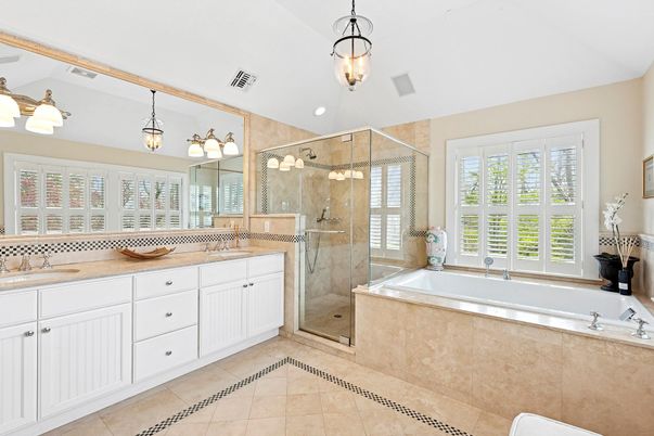 Bathroom, Dual Sink Vanities, Glass Shower, Interior, Pendant Lights, Recessed Lighting
