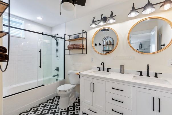 Bathroom, Dual Sink Vanities, Glass Shower, Interior, Recessed Lighting
