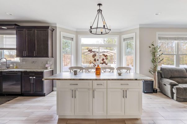 Dining room, Interior, Kitchen, Pendant Lights, Recessed Lighting, Wood Texture Flooring